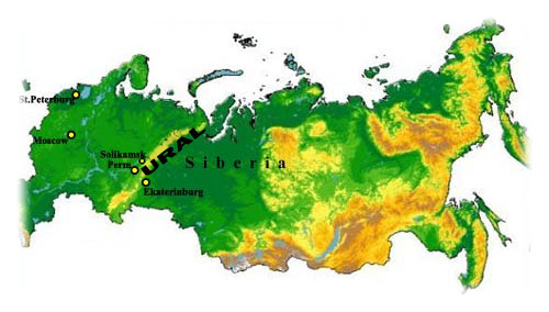 Ural Mountains on the map of Russia